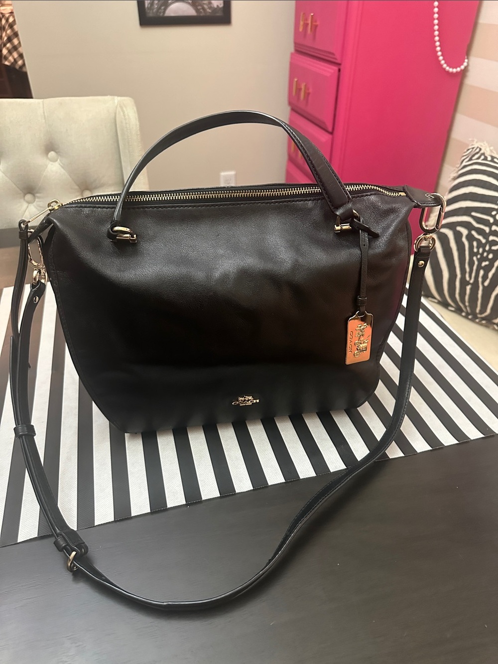 Chic Coach Black Leather Crossbody Satchel with Gold Hardware